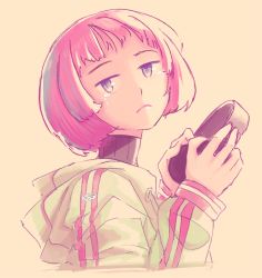 Rule 34 | 1girl, :|, android, beige background, blank stare, closed mouth, dorothy haze, from side, headphones, holding, holding headphones, jacket, kiririn51, light frown, long sleeves, looking at viewer, looking to the side, pink hair, shaft look, short hair, signature, simple background, solo, track jacket, upper body, va-11 hall-a