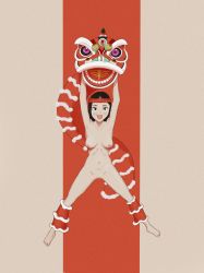 Rule 34 | absurdres, black hair, breasts, headband, highres, lion dance, red ribbon, ribbon, solo, spread legs