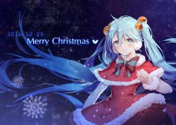 Rule 34 | 1girl, 2016, alternate costume, aqua eyes, bell, blush, breasts, capelet, dated, earmuffs, english text, hatsune miku, highres, long hair, medium breasts, santa costume, smile, snowflakes, solo, vocaloid, wrist cuffs, yyb