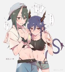 Rule 34 | 2girls, arknights, backwards hat, baseball cap, belt, blue hair, carrying, carrying under arm, ch&#039;en (arknights), ch'en (arknights), check translation, dragon horns, dragon tail, drunk, exhausted, female tourist c (arknights), green eyes, green hair, hat, highres, horns, hoshiguma (arknights), hug, kyou 039, multiple girls, official alternate costume, red eyes, short shorts, shorts, single horn, skin-covered horns, speech bubble, sweat, tail, thong, translation request