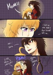 Rule 34 | 2girls, age difference, arsonichawt, black hair, blonde hair, crying, mother and daughter, multiple girls, noose, pun, raven branwen, red eyes, rooster teeth, roosterteeth, rope, rwby, tears, text focus, yang xiao long