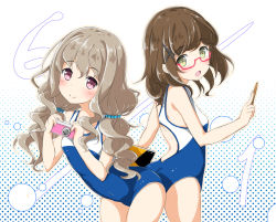 Rule 34 | 10s, 2girls, aoki momo, ass, back-to-back, blue one-piece swimsuit, brown eyes, brown hair, camera, glasses, green eyes, hair ornament, high school fleet, long hair, looking at viewer, low twintails, multiple girls, one-piece swimsuit, pencil, pirason, polka dot, polka dot background, red-framed eyewear, school swimsuit, short hair, swimsuit, twintails, two-tone swimsuit, uda megumi