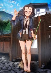 Rule 34 | 1girl, black hair, black necktie, black skirt, blush, breasts, broom, collarbone, female focus, freckles, full body, glasses, green eyes, highres, japanese clothes, kimono, large breasts, looking at viewer, megadeko, microskirt, necktie, open mouth, original, outdoors, pleated skirt, sandals, skirt, smile, solo, standing, toes