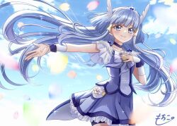 Rule 34 | 1girl, aoki reika, bike shorts under skirt, blue choker, blue eyes, blue hair, blue shirt, blue skirt, blue sky, brooch, choker, cloud, cloudy sky, cowboy shot, cure beauty, day, hand on own chest, head wings, highres, jewelry, long hair, magical girl, mochico bb, outdoors, petals, precure, shirt, short sleeves, signature, skirt, sky, smile precure!, solo, tiara, wings, wrist cuffs