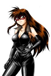 Rule 34 | 1girl, armpits, black bodysuit, bodysuit, breasts, brown eyes, brown hair, catsuit, cleavage, domino mask, elbow gloves, gloves, large breasts, latex, latex gloves, long hair, makunouchi deluxe, manabe jouji, mask, mikura rei, shiny clothes, simple background, solo