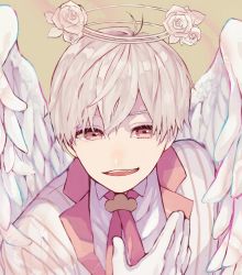 Rule 34 | 1boy, angel wings, commentary request, face, fang, flower, gloves, hagi (mtmtmkn0113), hair between eyes, halo, highres, jacket, male focus, necktie, original, pink eyes, rose, shirt, short hair, simple background, solo, striped clothes, striped jacket, white flower, white gloves, white hair, white rose, white shirt, white wings, wings