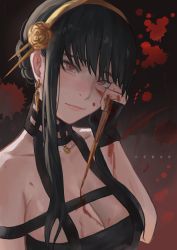 Rule 34 | 1girl, absurdres, bare shoulders, black choker, black hair, blood, blood on breasts, blood on face, blood on hands, blood splatter, bloody weapon, breasts, choker, cleavage, collarbone, flower, hair flower, hair ornament, hairband, highres, looking at viewer, medium breasts, red eyes, rerxe, short hair with long locks, sidelocks, sleeveless, solo, spy x family, upper body, weapon, yellow flower, yellow hairband, yor briar