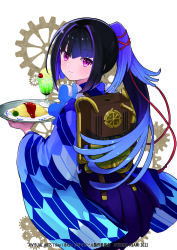 Rule 34 | 1girl, absurdres, asami yuriko, black hair, copyright notice, food, from behind, gradient hair, gradient kimono, highres, holding, holding tray, japanese clothes, karasuba (prima doll), kimono, looking at viewer, looking back, multicolored hair, official art, omelet, omurice, parfait, plate, ponytail, prima doll, purple eyes, purple hair, purple kimono, smile, solo, squatting, streaked hair, tray, wide sleeves