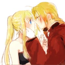 Rule 34 | 1boy, 1girl, ahoge, annoyed, antenna hair, bandeau, bare shoulders, black tube top, blonde hair, blue eyes, blush, braid, braided ponytail, close-up, coat, collarbone, colored eyelashes, couple, edward elric, eye contact, eyes visible through hair, face-to-face, fingernails, from side, fullmetal alchemist, gloves, hand on another&#039;s cheek, hand on another&#039;s face, hand up, hetero, holding hands, jacket, long hair, long sleeves, looking at another, neck, nervous, noses touching, oekaki, ponytail, profile, red coat, red jacket, serious, sidelocks, simple background, strapless, sweatdrop, tsukuda0310, tube top, upper body, white background, white gloves, winry rockbell, yellow eyes