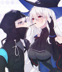 Rule 34 | 1boy, 1girl, absurdres, ahoge, aqua armband, arknights, ascot, bare shoulders, black ascot, black gloves, black headwear, black hood, black jacket, black shirt, black sleeves, blue gloves, blue headwear, blue sleeves, blush, breasts, buttons, collared jacket, commentary, covered mouth, detached sleeves, doctor (arknights), english commentary, eye contact, eyelashes, food, food in mouth, from side, gloves, grey background, grey jacket, hair between eyes, halftone, halftone background, hand in own hair, hand on another&#039;s chest, hands up, hat, hetero, high collar, highres, hood, hood up, hooded jacket, jacket, large breasts, layered sleeves, leaning, leaning back, leaning forward, leaning on person, light blush, lips, long hair, long sleeves, looking at another, male doctor (arknights), mouth hold, multicolored background, multicolored clothes, multicolored gloves, multicolored headwear, multicolored jacket, multicolored sleeves, official alternate costume, open clothes, open jacket, pale skin, parted lips, pleated sleeves, pocket, pocky, pocky in mouth, pocky kiss, profile, purple eyes, red eyes, red sleeves, shared food, shirt, short hair, short over long sleeves, short sleeves, simple background, skadi (arknights), skadi (elite ii) (arknights), sleeveless, sleeveless jacket, standing, string, sweatdrop, teeth, tsume3mai, two-tone background, two-tone gloves, two-tone headwear, two-tone jacket, underbust, upper body, upper teeth only, very long hair, white background, white hair, white shirt, wide sleeves, wing collar