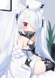 Rule 34 | 1girl, azur lane, bare shoulders, black bow, black thighhighs, blurry, blurry background, bow, breasts, cleavage, commentary request, cone hair bun, criss-cross halter, depth of field, detached collar, dress, fur-trimmed dress, fur hat, fur trim, hair bun, hair over one eye, halterneck, hat, hat bow, highres, indoors, jacket, kiev (azur lane), kokone (coconeeeco), long hair, medium breasts, off shoulder, open clothes, open jacket, red eyes, solo, thighhighs, twintails, very long hair, white dress, white hair, white hat, white jacket