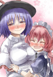 Rule 34 | 2girls, ^ ^, blue hair, blush, breasts, capelet, dress shirt, closed eyes, fairy maid (touhou), hat, large breasts, long hair, looking at viewer, low twintails, maid, maid headdress, multiple girls, nagae iku, open mouth, pink hair, red eyes, shirt, short hair, smile, touhou, twintails, upper body, wrist cuffs, yohane
