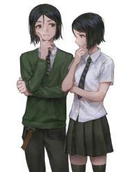 Rule 34 | 1boy, 1girl, :t, bishounen, black hair, bob cut, breasts, closed mouth, dual persona, fate/zero, fate (series), finger to own chin, genderswap, genderswap (mtf), green sweater, highres, looking at another, muted color, necktie, pleated skirt, school uniform, sensha otoko, short hair, simple background, skirt, small breasts, soonbu, striped neckwear, sweatdrop, sweater, thighhighs, waver velvet, white background