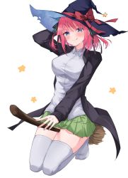 Rule 34 | 1girl, black jacket, blue eyes, blush, breasts, broom, broom riding, butterfly hair ornament, collared shirt, go-toubun no hanayome, green skirt, hair ornament, hair ribbon, hat, highres, jacket, large breasts, looking at viewer, nakano nino, pink hair, pleated skirt, profnote, red ribbon, ribbon, school uniform, shirt, short hair, simple background, skirt, smile, solo, thighhighs, tongue, tongue out, white shirt, white thighhighs, witch hat