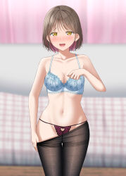 Rule 34 | 1girl, :d, absurdres, black pantyhose, blurry, blurry background, bra, breasts, brown eyes, brown hair, clothes pull, commentary request, curtains, depth of field, floral print, groin, gurande (g-size), highres, indoors, looking at viewer, multicolored hair, navel, no pants, no shirt, open mouth, original, panties, pantyhose, pantyhose pull, pink hair, purple panties, small breasts, smile, solo, standing, teeth, textless version, thighband pantyhose, two-tone hair, underwear, upper teeth only, white bra
