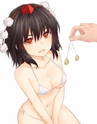 Rule 34 | 1girl, @ @, bare arms, bare shoulders, black hair, blush, bra, breasts, cleavage, collarbone, commentary request, hair between eyes, hat, highres, hypnosis, medium breasts, mind control, miyo (ranthath), navel, open mouth, panties, pom pom (clothes), red eyes, shameimaru aya, short hair, side-tie panties, sidelocks, simple background, sitting, solo focus, stomach, sweat, tokin hat, touhou, underwear, underwear only, v arms, white background, white bra, white panties