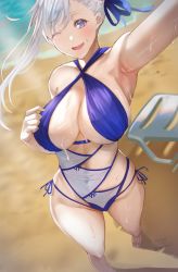 Rule 34 | 1girl, armpits, beach, blue eyes, blue one-piece swimsuit, blush, breasts, bun cover, cleavage, criss-cross halter, fate/grand order, fate (series), foreshortening, grey hair, hair bun, hair ribbon, halterneck, highleg, highleg swimsuit, highres, large breasts, long hair, looking at viewer, miyamoto musashi (fate), miyamoto musashi (fate/grand order), miyamoto musashi (swimsuit berserker) (fate), miyamoto musashi (swimsuit berserker) (third ascension) (fate), nyahpa20, one-piece swimsuit, one eye closed, open mouth, outstretched arm, ribbon, single side bun, skindentation, smile, solo, swept bangs, swimsuit, thighs, two-tone swimsuit, wet, white one-piece swimsuit