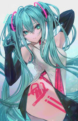 Rule 34 | 1girl, absurdly long hair, absurdres, ahoge, aqua eyes, aqua hair, armpits, bare shoulders, black gloves, bodypaint, breasts, closed mouth, collared shirt, cowboy shot, elbow gloves, eyebrows hidden by hair, floating hair, gloves, hair between eyes, hands in hair, hands up, hatsune miku, highres, hip vent, long hair, looking to the side, medium breasts, nekodayo22, shirt, sleeveless, sleeveless shirt, solo, thighhighs, twintails, very long hair, vocaloid