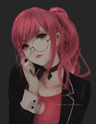Rule 34 | 1girl, aoi ogata, artist name, black jacket, borrowed character, braid, choker, cleavage cutout, clothing cutout, commission, female focus, french braid, glasses, grey background, head tilt, highres, jacket, jewelry, lips, original, pendant, pink hair, ponytail, round eyewear, simple background, solo, suit jacket, upper body