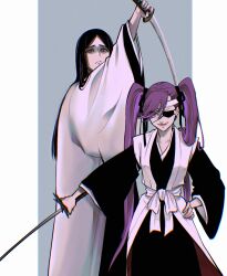 Rule 34 | 2girls, :d, ai (ai1470), arm up, black hair, black ribbon, bleach, bleach: sennen kessen-hen, blue kimono, brown eyes, closed mouth, commentary request, empty eyes, expressionless, eyelashes, eyepatch, eyes visible through hair, feet out of frame, fighting stance, grey background, hair over shoulder, hair ribbon, hand on own knee, haori, headband, highres, holding, holding sword, holding weapon, japanese clothes, katana, kimono, long hair, long sleeves, lower teeth only, multiple girls, obi, one eye covered, open mouth, purple eyes, purple hair, ribbon, saitou furoufushi, sash, simple background, smile, split mouth, standing, straight hair, swept bangs, sword, teeth, twintails, unohana retsu, v-shaped eyebrows, very long hair, weapon, white headband, wide sleeves