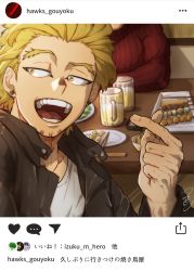 Rule 34 | 2boys, alcohol, arms on table, beer, beer mug, blonde hair, blurry, blurry background, boku no hero academia, chopsticks, close-up, condiment, cup, earrings, facial hair, finger heart, food, goatee, hawks (boku no hero academia), highres, instagram username, jacket, jewelry, leaning on table, looking to the side, mahoubin (totemo hot dayo), male focus, mug, multiple boys, muscular, muscular male, open mouth, post, restaurant, ribbed sweater, shirt, short hair, signature, social network, solo focus, stud earrings, sweater, teeth, tongue, white shirt, yakitori, yellow eyes