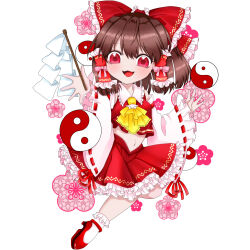 Rule 34 | 1girl, :3, :d, bare shoulders, brown hair, chibi, commentary request, detached sleeves, f w nabe, full body, gohei, hakurei reimu, highres, holding, holding stick, long hair, looking at viewer, open mouth, orb, red eyes, simple background, smile, solo, stick, touhou, white background, yin yang, yin yang orb