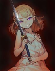 Rule 34 | 1girl, blonde hair, blunt bangs, chyko7080, commentary request, copyright request, dark background, dress, evil smile, frilled dress, frills, glint, glowing, glowing eyes, hair rings, holding, holding sword, holding weapon, katana, looking at viewer, purple eyes, shirt, sleeveless, sleeveless shirt, smile, solo, sword, weapon