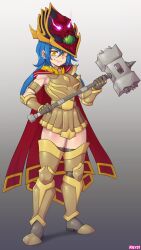 Rule 34 | 1girl, absurdres, armor, armored boots, armored gloves, armored skirt, blue hair, boots, breasts, cape, character name, commentary, commission, commissioner upload, completionist cape (runescape), dang (runescape), duellist&#039;s cap (tier 6), earrings, english commentary, fire, full body, gloves, glowing hat, greaves, hammer, hat, highres, holding, holding hammer, holding sword, holding weapon, jewelry, long hair, long sword, looking at viewer, medium breasts, old school runescape, orange eyes, original, plate armor, purple fire, runescape, ryev, simple background, smile, standing, sword, thick eyebrows, war hammer, weapon, yellow eyes