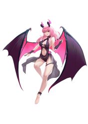 Rule 34 | 1girl, absurdres, akashic chronicle, alice (akashic chronicle), barefoot, blush, breasts, bridal gauntlets, cleavage, collarbone, demon girl, demon horns, demon wings, flower, highres, horns, large breasts, long hair, mouma, nail polish, navel, open mouth, pink eyes, pink hair, simple background, solo, standing, swimsuit, transparent background, wings
