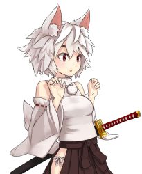 Rule 34 | 1girl, :o, animal ears, bad id, bad pixiv id, bare shoulders, detached sleeves, female focus, fingernails, inubashiri momiji, katana, no headwear, nosuku, open mouth, red eyes, short hair, simple background, solo, sword, tail, touhou, weapon, white background, white hair, wolf ears, wolf tail
