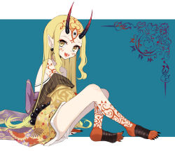 Rule 34 | 1girl, absurdres, bare shoulders, beads, blonde hair, blue background, border, breasts, earrings, facial mark, fangs, fate/grand order, fate (series), feet, fingernails, floral print, forehead, forehead mark, hair pulled back, highres, horns, ibaraki douji (fate), japanese clothes, jewelry, kimono, knees up, legs, long hair, long sleeves, looking at viewer, obi, oni, oni horns, open mouth, pointy ears, sash, sharp fingernails, sitting, small breasts, smile, solo, tattoo, torry912, white border, wide sleeves, yellow eyes, yellow kimono