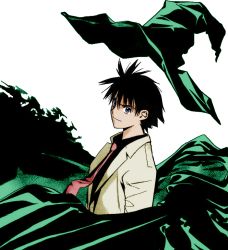 Rule 34 | 1boy, black hair, coat, colorized, formal, hat, kuzumi taiga, long sleeves, looking at viewer, male focus, mx0, necktie, pink necktie, simple background, solo, suit, white background, witch hat