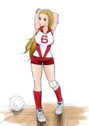 Rule 34 | 1girl, absurdres, arms behind head, arms up, awanokami, ball, blonde hair, brown eyes, closed mouth, commentary, girls und panzer, hair pulled back, hairband, highres, knee pads, long hair, looking to the side, ponytail, red shirt, red shorts, red socks, sasaki akebi, shirt, shoes, short shorts, shorts, simple background, sleeveless, sleeveless shirt, smile, sneakers, socks, solo, sportswear, standing, volleyball, volleyball (object), volleyball uniform, white background, white footwear, white hairband, wooden floor