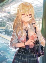 Rule 34 | 1girl, blonde hair, breasts, closed mouth, collarbone, glasses, holding, large breasts, long hair, looking at viewer, necktie, original, rain, red eyes, rioka (southern blue sky), school uniform, see-through, shirt, skirt, solo, wet, wet clothes, wet hair, wet shirt