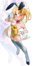 Rule 34 | 1girl, @ @, absurdres, animal ears, blonde hair, blush, bocchi the rock!, bow, bowtie, breasts, covered navel, detached collar, embarrassed, fake animal ears, high heels, highres, ijichi nijika, leotard, long hair, one eye closed, orange eyes, playboy bunny, rabbit ears, red bow, red bowtie, side ponytail, simple background, skindentation, small breasts, smile, sofa (enogunomu), solo, sweat, sweatdrop, thighhighs, v, very long hair, white background, white thighhighs, wrist cuffs, yellow leotard