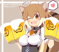 Rule 34 | 1girl, ;), ;d, acorn, alcohol, animal ears, antenna hair, beads, beer, beer mug, blazblue, blush, breasts, brown eyes, brown hair, buttons, copyright name, corset, cross-laced clothes, cup, detached collar, dirndl, drink, english text, fang, foam, german clothes, grey background, hair between eyes, happy, heart, holding, jewelry, large breasts, leaf, looking at viewer, makoto nanaya, mug, multicolored hair, necklace, oktoberfest, one eye closed, open mouth, outline, ribbon, short hair, short sleeves, simple background, smile, solo, speech bubble, spoken heart, squirrel ears, squirrel tail, tail, two-tone hair, underbust, upper body, white hair, yoshioto