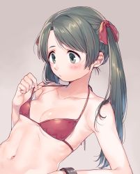 Rule 34 | 1girl, bikini, black eyes, black hair, blush, bracelet, breasts, grey background, hair ribbon, halterneck, highres, jewelry, kantai collection, long hair, mikuma (kancolle), navel, red bikini, red ribbon, ribbon, rojiko, simple background, small breasts, solo, strap pull, swimsuit, twintails, twintails day, upper body