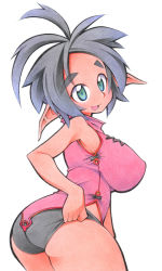 Rule 34 | 1girl, adjusting clothes, adjusting panties, ass, bad id, bad pixiv id, black hair, bottomless, breasts, colored pencil (medium), elf, eyebrows, green eyes, huge breasts, large breasts, no pants, original, panties, pointy ears, short hair, solo, thick eyebrows, traditional media, uccow, underwear