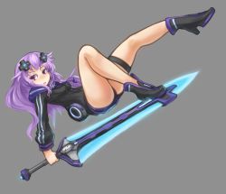 Rule 34 | 10s, 1girl, adult neptune, ankle boots, arceonn, blush, boots, d-pad, falling, glowing, glowing sword, glowing weapon, grey background, hair ornament, huge weapon, jacket, long hair, neptune (neptunia), neptune (series), purple eyes, purple hair, shin jigen game neptune vii, solo, sword, thigh strap, weapon