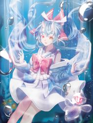 Rule 34 | 1girl, blue hair, blush, bow, bubble, collarbone, eyebrows, horns, long hair, looking at viewer, original, parted lips, red bow, red eyes, saltycaramel, sea angel, smile, solo, thick eyebrows, underwater