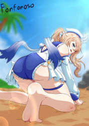 Rule 34 | 1girl, all fours, alternate costume, artist name, ass, barbara (genshin impact), barbara (summertime sparkle) (genshin impact), bare shoulders, barefoot, blonde hair, blue eyes, blush, breasts, detached sleeves, embarrassed, fonfonoso, from behind, genshin impact, hair ornament, hat, highres, huge ass, leotard, long hair, looking at viewer, looking back, medium breasts, open mouth, shiny clothes, shiny skin, sideboob, solo, thighlet, twintails