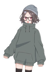 Rule 34 | 1girl, :3, absurdres, black thighhighs, brown hair, commentary, cowboy shot, ebizuka tomo, girls band cry, glasses, grey beanie, grey sweater, highres, long sleeves, looking at viewer, omochi tabeyo97, open mouth, oversized clothes, red eyes, short hair, simple background, sleeves past wrists, solo, sweater, thighhighs, white background