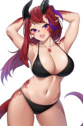 Rule 34 | 1girl, absurdres, arms behind head, bikini, black bikini, breasts, cleavage, commission, fang, highres, horns, huge breasts, long hair, looking at viewer, navel, original, purple eyes, red hair, scales, shanoa (arrenval), simple background, skeb commission, skindentation, solo, suruga (xsurugax), swimsuit, tail, white background