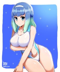 Rule 34 | 1girl, 2017, aqua hair, artist name, blue background, blue eyes, blue hair, capcom, competition swimsuit, cowboy shot, dated, e.x. troopers, gradient hair, hairband, highres, kumo (kumo8159), looking at viewer, multicolored hair, one-piece swimsuit, sitting, solo, swimsuit, tiki (e.x. troopers), white hairband, white one-piece swimsuit, yokozuwari