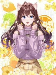 Rule 34 | 1girl, :p, ahoge, animal ears, bare shoulders, blue eyes, brown hair, cat ears, clothing cutout, double finger heart, earrings, finger heart, flower, food, food-themed earrings, fruit, heart, highres, ichinose shiki, idolmaster, idolmaster cinderella girls, jewelry, lime (fruit), long hair, looking at viewer, necklace, orange (fruit), pearl necklace, purple sweater, shoulder cutout, skirt, smile, solo, straight-on, sweater, tongue, tongue out, upper body, ykcocoro game