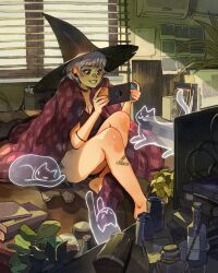 Rule 34 | 1girl, bandaid, bandaid on face, bandaid on leg, bandaid on nose, blanket, window blinds, book, bottle, breasts, can, cat, cleavage, ghost, hat, highres, holding, indoors, loaded interior, medium breasts, multiple cats, nintendo switch, original, playing games, simz, sitting, smile, solo, witch, witch hat