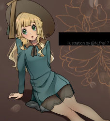 Rule 34 | 1girl, :o, alternate costume, arm support, blonde hair, blunt bangs, brown background, brown hat, brown ribbon, collared dress, commentary request, creatures (company), dress, echizen (n fns17), eyelashes, game freak, green dress, green eyes, hat, hat ribbon, highres, lillie (pokemon), long hair, long sleeves, looking to the side, nintendo, pokemon, pokemon sm, ribbon, see-through, sidelocks, sitting, solo, sun hat