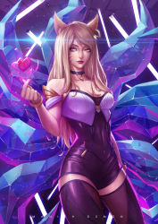 Rule 34 | 1girl, absurdres, ahri (league of legends), animal ears, backlighting, bare shoulders, blonde hair, covered navel, earrings, facial mark, fox ears, fox tail, heart, highres, jewelry, k/da (league of legends), k/da ahri, league of legends, lips, long hair, looking at viewer, multiple tails, solo, standing, tail, whisker markings, yellow eyes