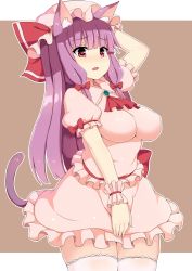 Rule 34 | 1girl, animal ears, bow, breasts, brooch, cat ears, cat tail, cosplay, cowboy shot, hair bow, hat, hat ribbon, heart, heart-shaped pupils, highres, impossible clothes, jewelry, kemonomimi mode, long hair, medium breasts, miniskirt, multiple girls, ocha (ochappie), patchouli knowledge, puffy short sleeves, puffy sleeves, purple hair, red bow, red eyes, red ribbon, remilia scarlet, remilia scarlet (cosplay), ribbon, short sleeves, sidelocks, simple background, skirt, solo, standing, symbol-shaped pupils, tail, thighhighs, thighs, touhou, white thighhighs, wrist cuffs, zettai ryouiki