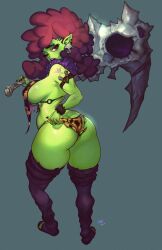 Rule 34 | 1girl, absurdres, artist name, ass, axe, breasts, butt crack, clip studio paint (medium), colored skin, earrings, elsevilla, female goblin, from behind, full body, goblin, green skin, highres, holding, holding weapon, jewelry, large breasts, looking back, one eye closed, original, pointy ears, purple eyes, purple lips, red hair, sideboob, simple background, skull earrings, solo, standing, thighhighs, weapon